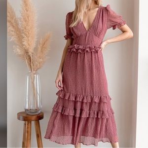 Lulu’s Pink Polka Dot Ruffled Midi Dress